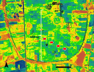 High resolution satellite image of Mantineia outlining the trace of south-north streets of the ancient city